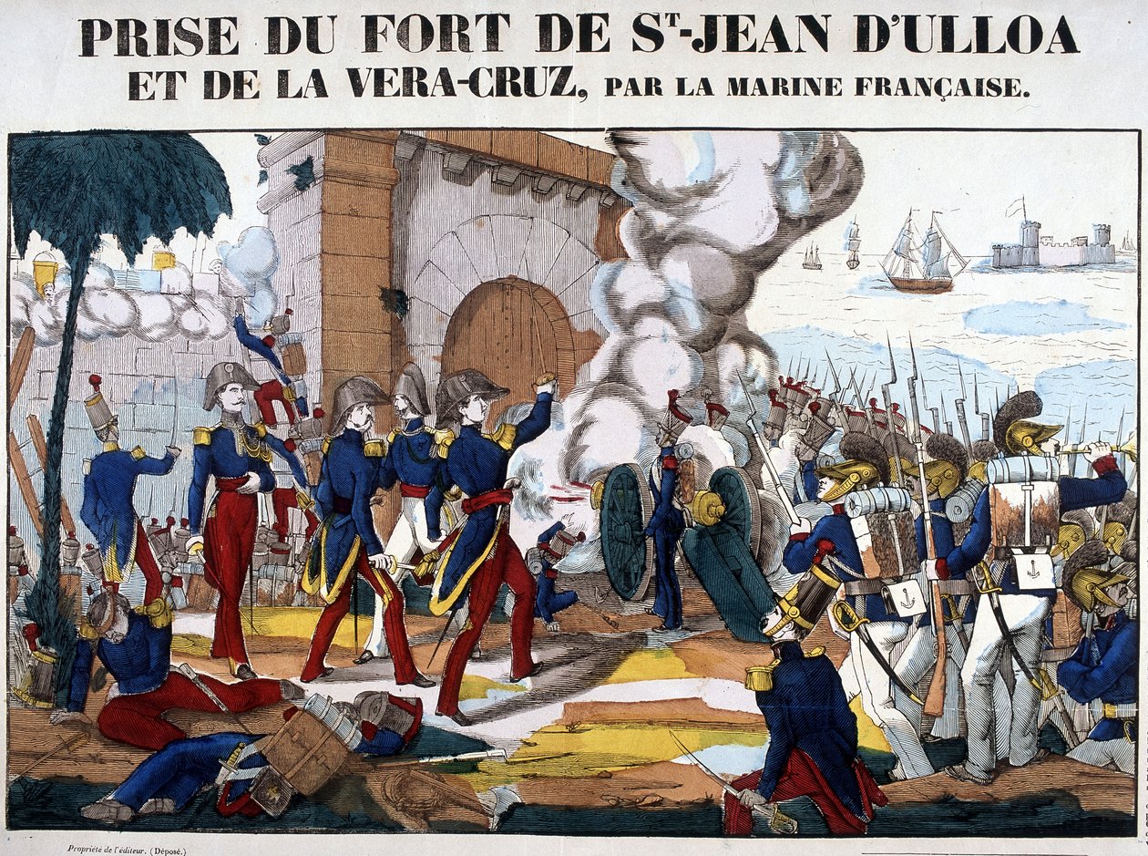 Verovering van het Fort van Saint John van Ulloa en La Vera Cruz in Mexico in november 1838. Afbeelding van Epinal door French School