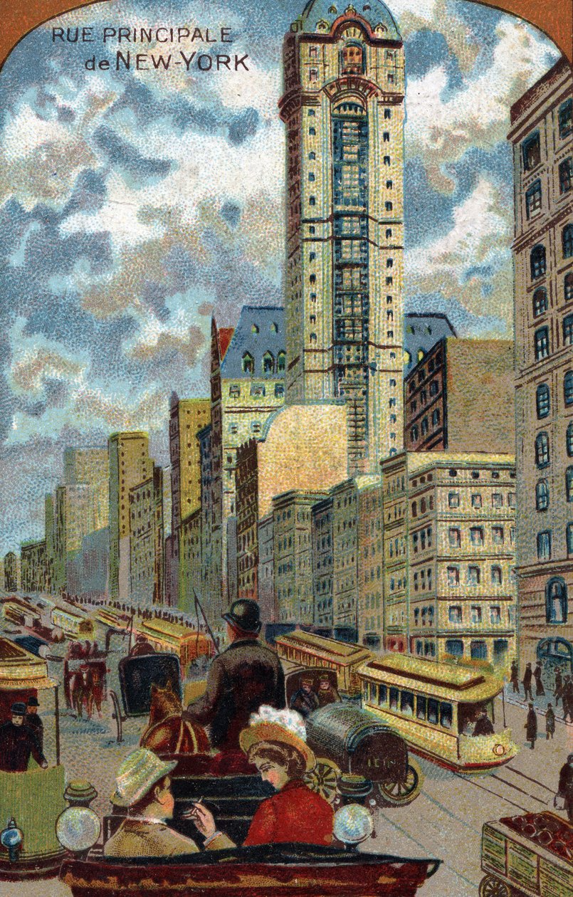 Verkeer op Broadway, hoofdstraat van New York (New York) (Verkeersopstopping op Broadway Avenue, Manhattan) 19e eeuw Chromolithografie Privécollectie door French School