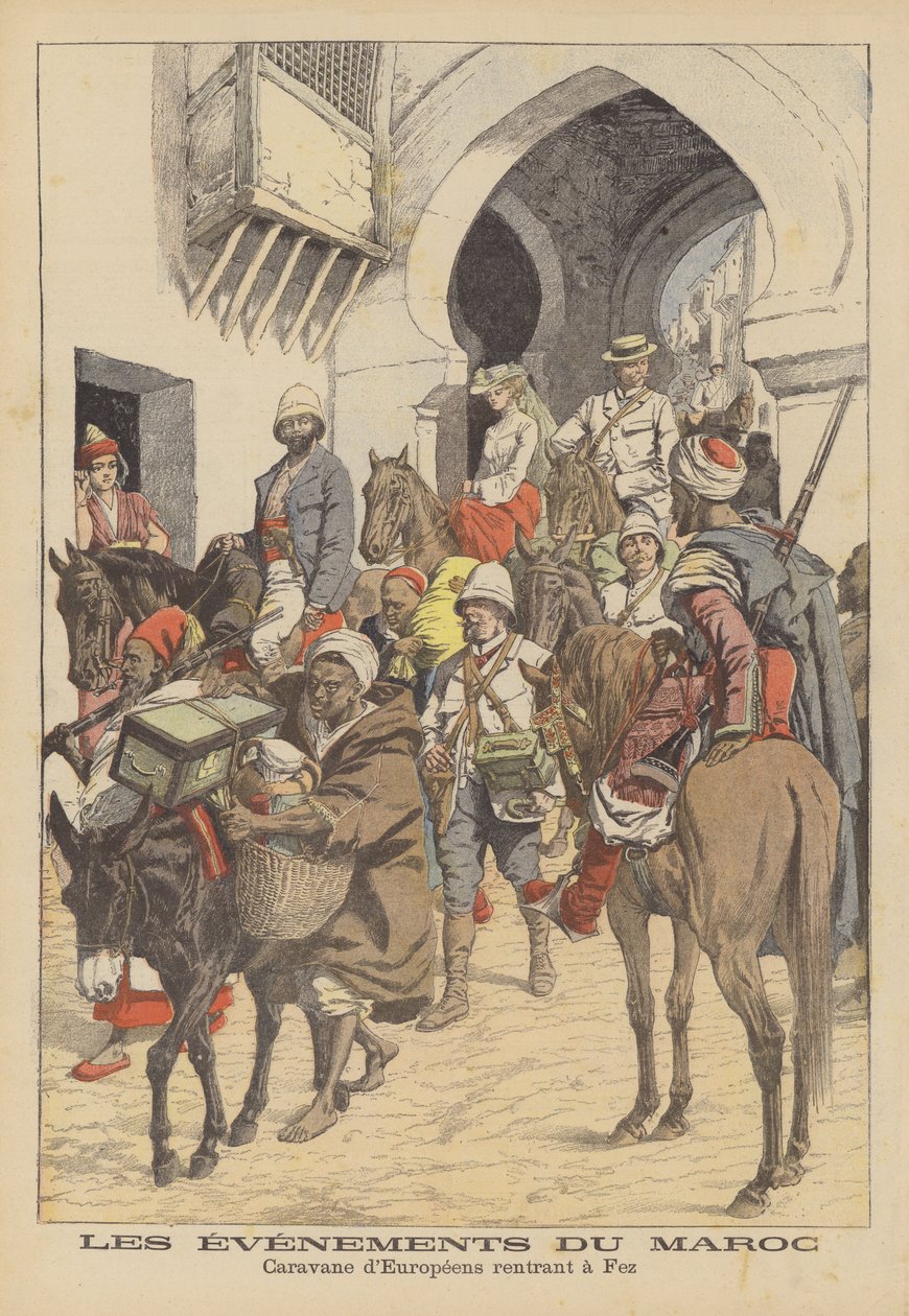Karavaan Europeanen keert terug naar Fez, Marokko (kleurenlitho) door French School