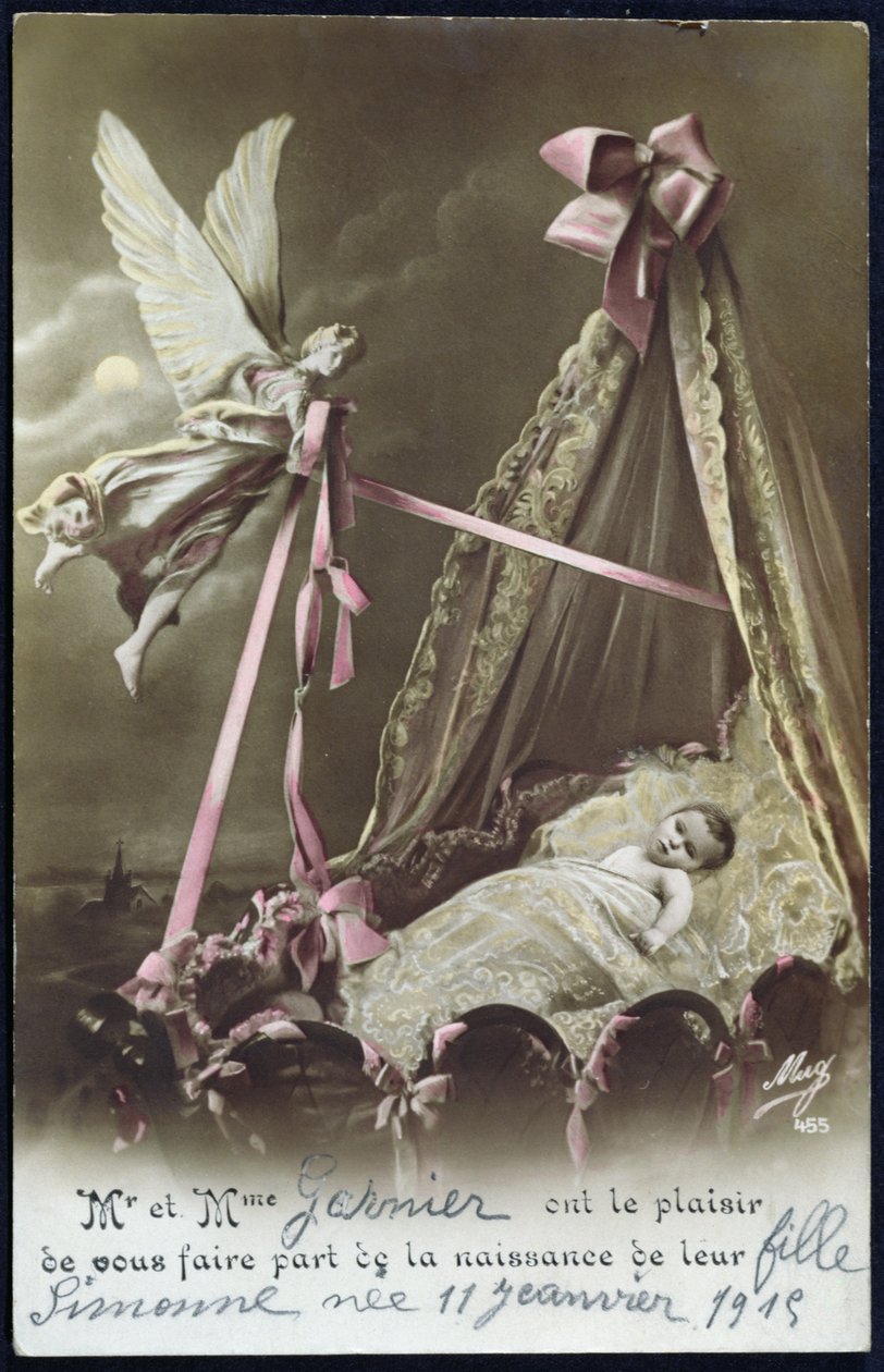 Kaart die de geboorte van een baby aankondigt, 11 januari 1915 (gekleurde foto) door French School