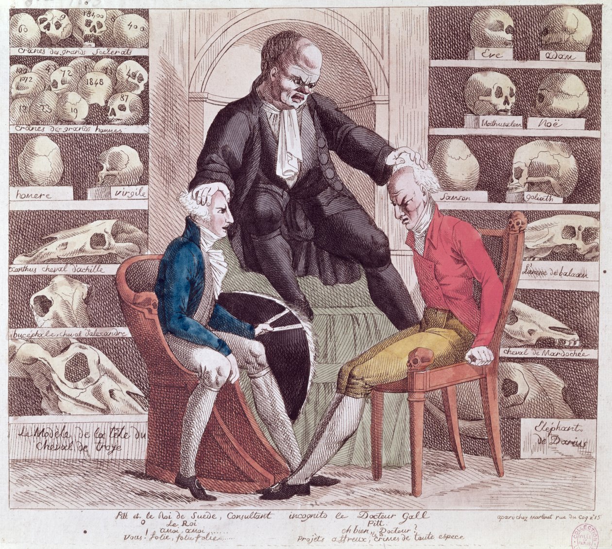 Karikatuur van William Pitt de Jongere (1759-1806) en Gustav IV Adolf (1778-1837) die Sr. Franz Joseph Gall (1758-1828) bezoeken, 1806 door French School