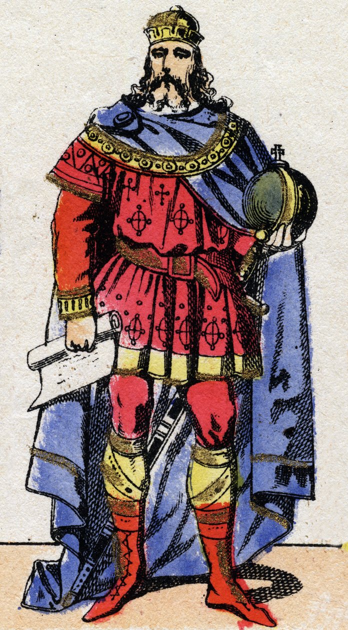 Karolingische dynastie: Portret van Karel de Grote, keizer. Epinal afbeelding eind 19e eeuw. Privécollectie. door French School