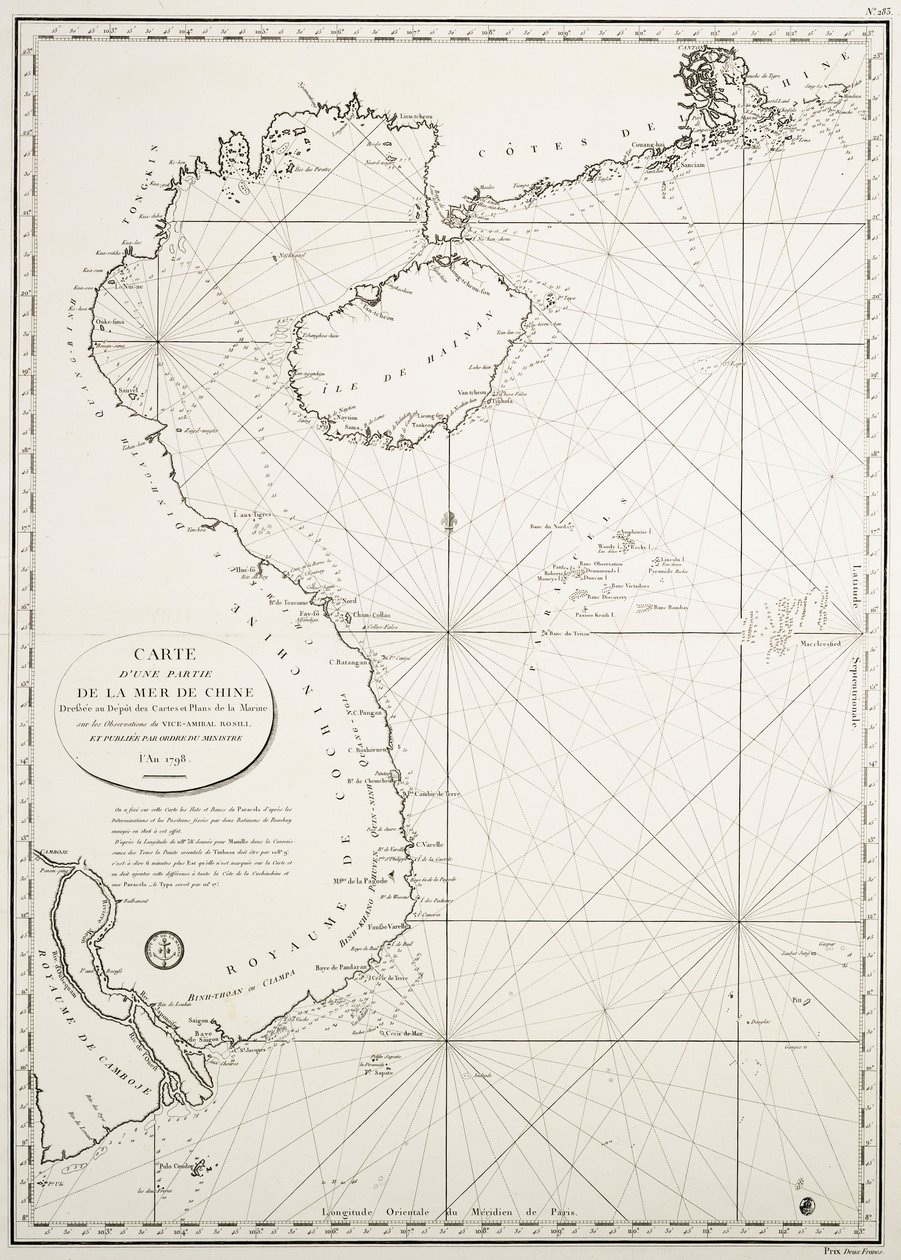 Kaart van een deel van de Zuid-Chinese Zee opgesteld bij het Depot van Kaarten en Plannen van de Marine, op de waarnemingen van Vice-Admiral Rosili, en gepubliceerd in opdracht van de Minister. het jaar 1798. door French School