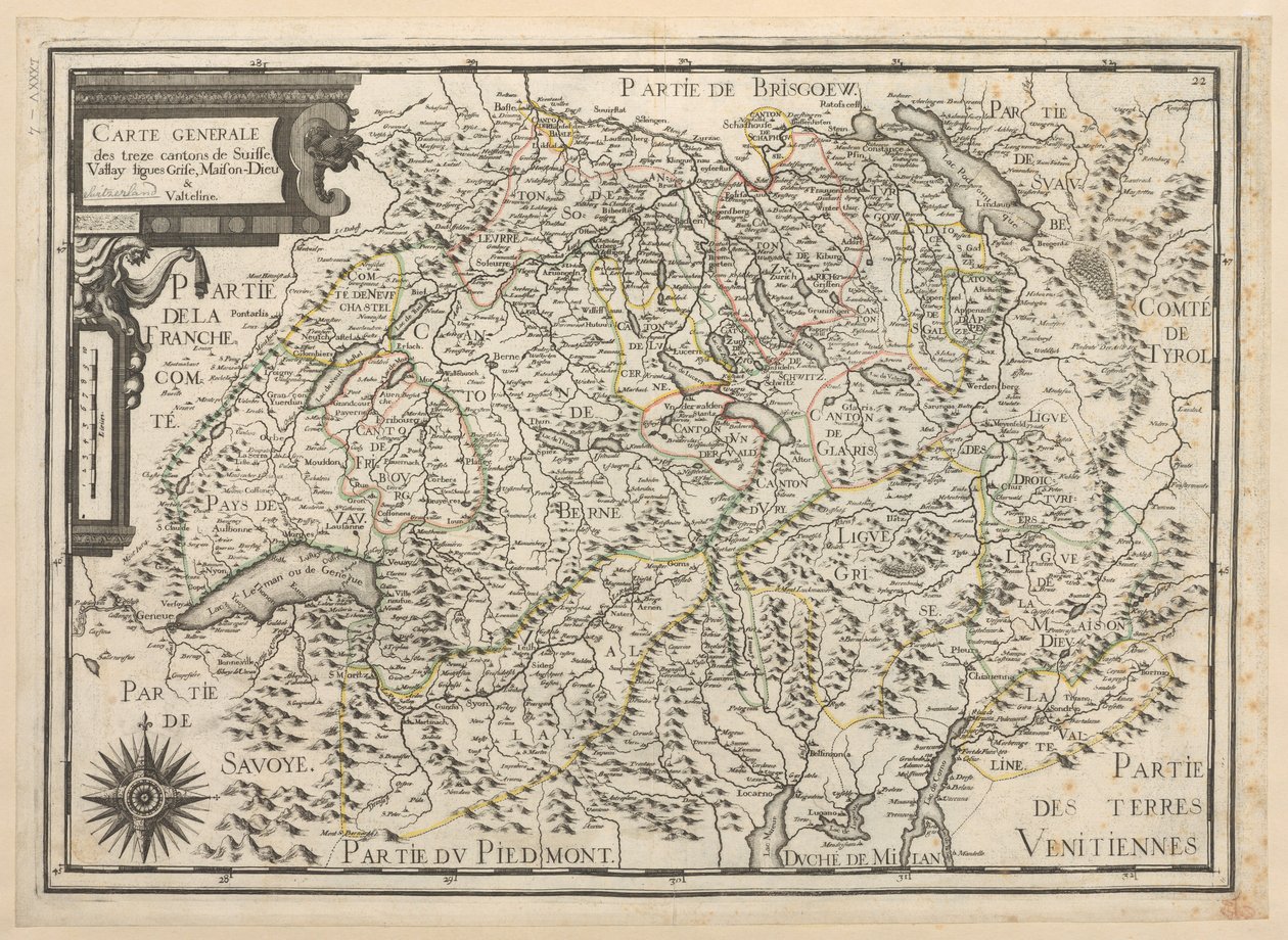 Algemene kaart van de dertien kantons van Zwitserland, Vallay, Ligues, Grise, Maison-Dieu, en Valteline door French School