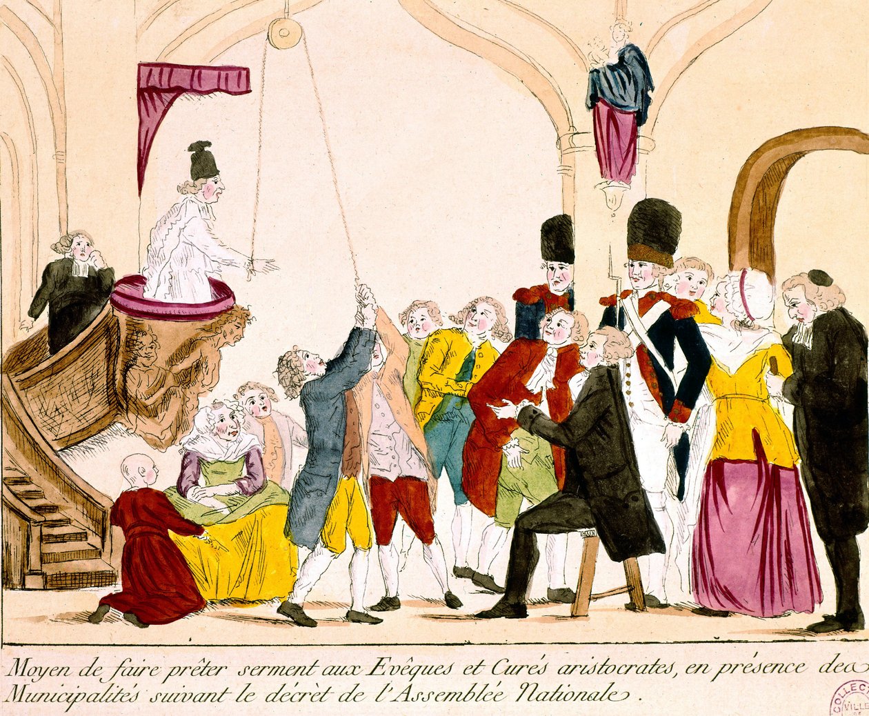 Cartoon van Franse aristocraten en geestelijken die de eed van trouw aan de Republiek afleggen door French School