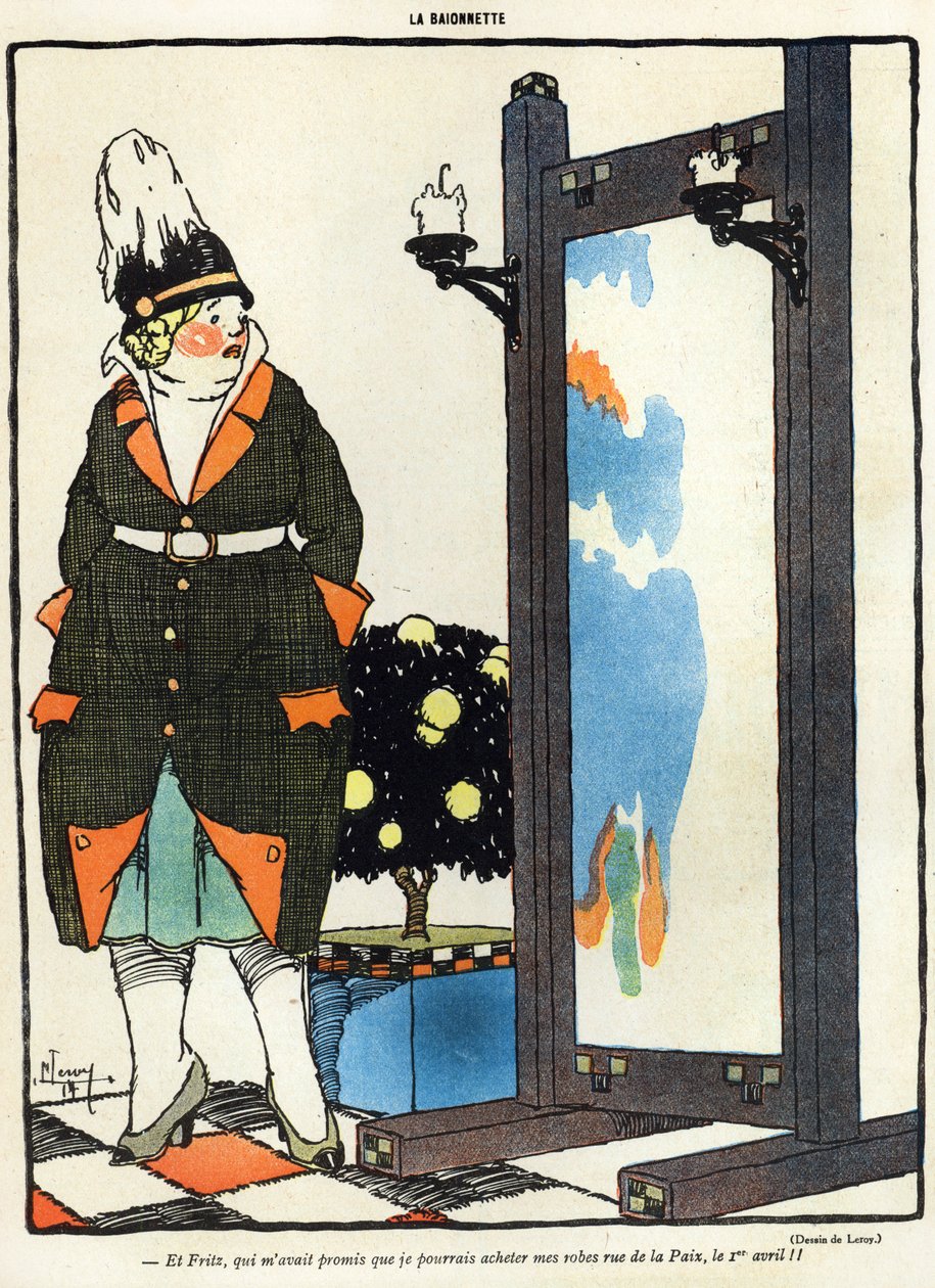 Cartoon van een Duitse dame teleurgesteld dat ze haar nieuwe kleren niet in Parijs kan kopen in de rue de la Paix, uit de 1 april editie van La Baionette magazine, 29 maart 1917 door French School