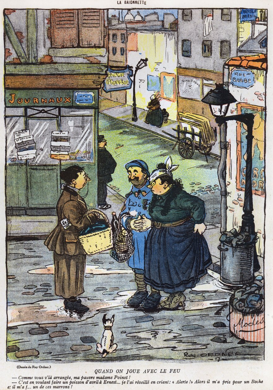 Cartoon van het resultaat van een poging van een vrouw om haar man voor de gek te houden, uit de 1 april editie van La Baionette magazine, 29 maart 1917 door French School
