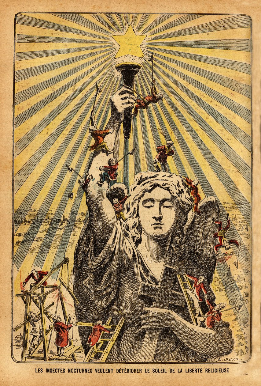 Cartoon voor de kerk, "nachtelijke insecten willen de zon van de godsdienstvrijheid verergeren"", in het politieke debat dat Frankrijk aan het begin van de 20e eeuw in beroering bracht, over de laïcisering van instellingen in het kader van de scheiding van door French School