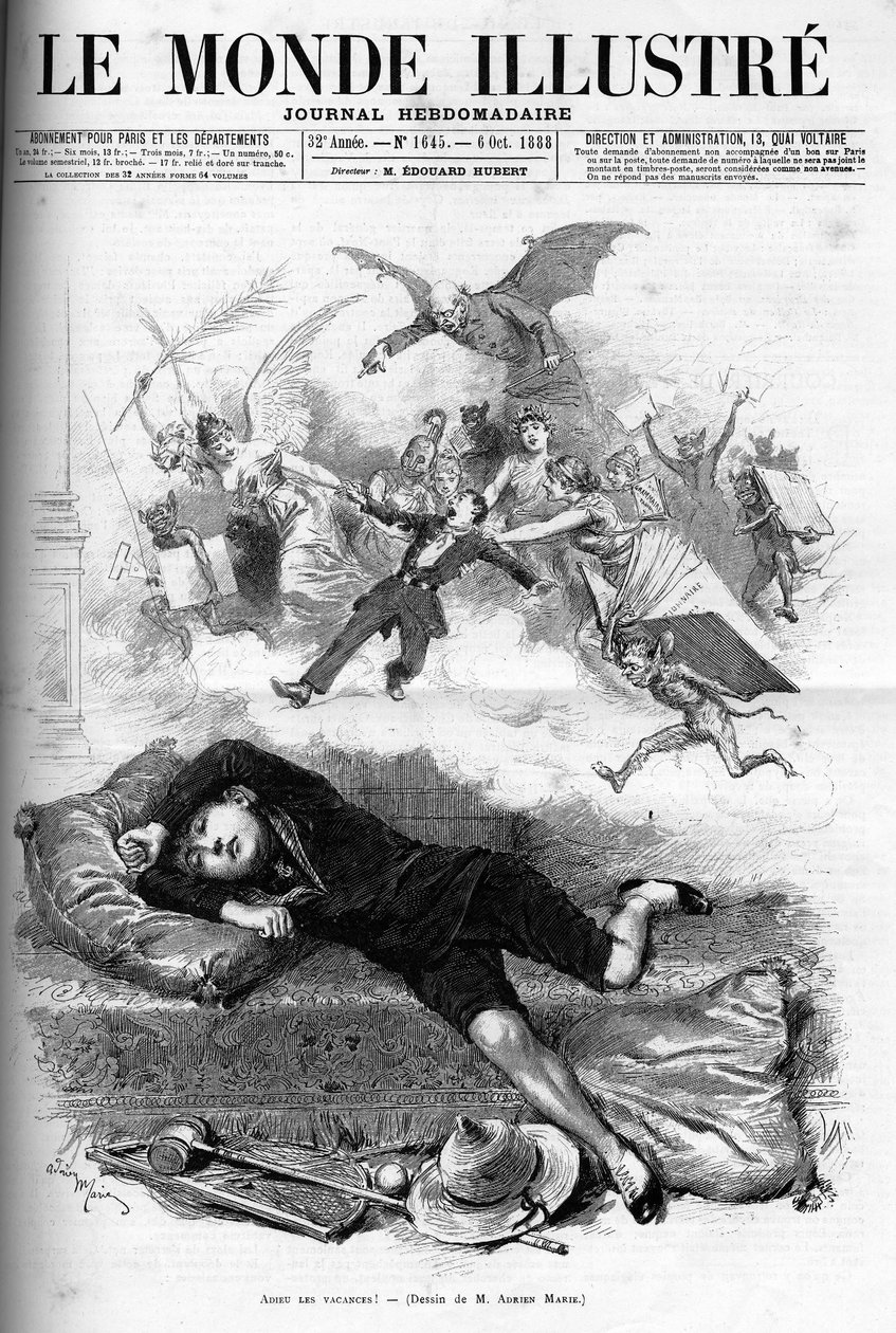 Cartoon van een jonge scholier die het einde van de vakantie betreurt, naderende klasverhuur in 1888 door French School