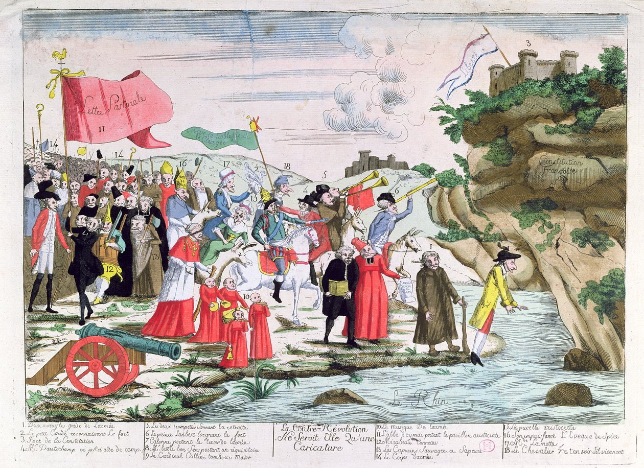 Spotprent die de Franse geestelijkheid en aristocraten belachelijk maakt die tijdens de Revolutie naar Duitsland vluchtten, ca. 1792 door French School