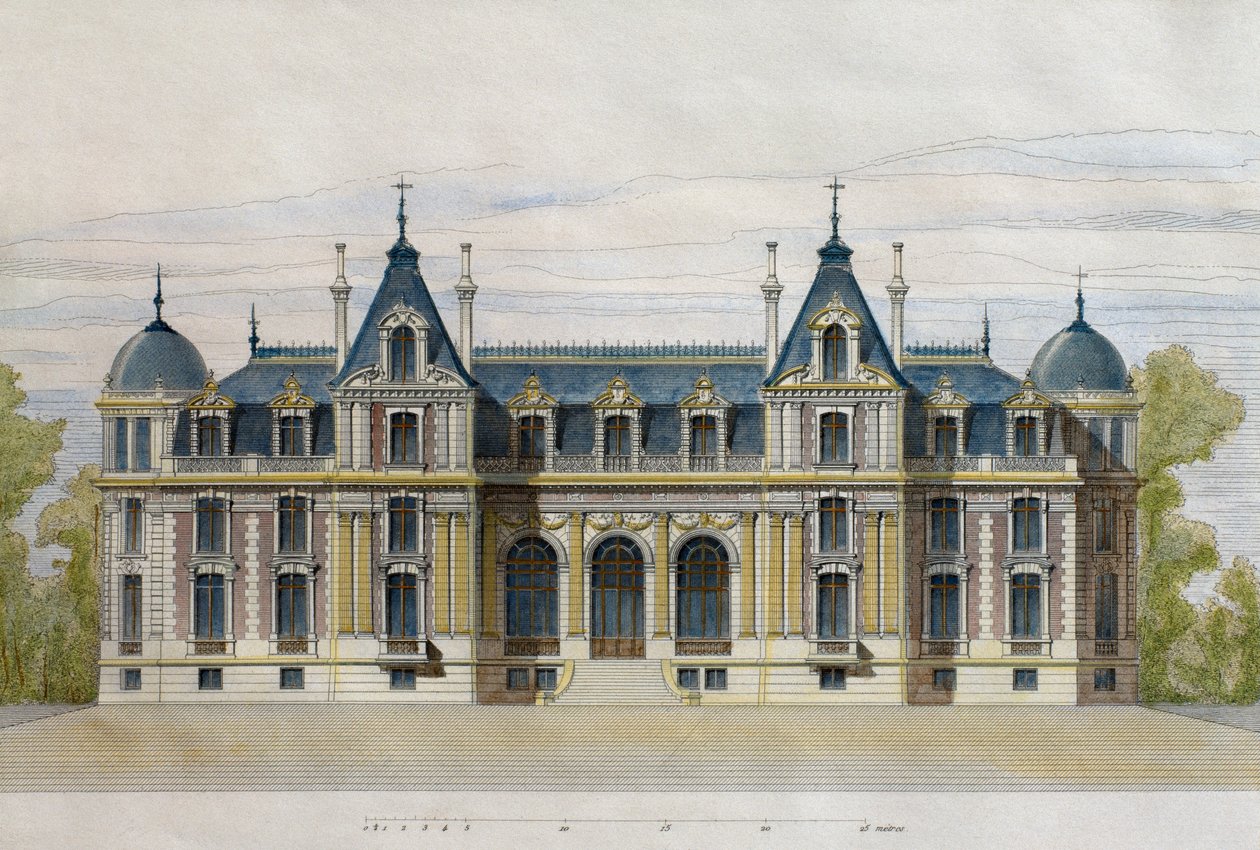 Kasteel van Neuflize, eigendom van de gebroeders Pate, tuinzijde, illustratie uit Le Moniteur des architectes, 1884, gegraveerd door F. Penel door French School