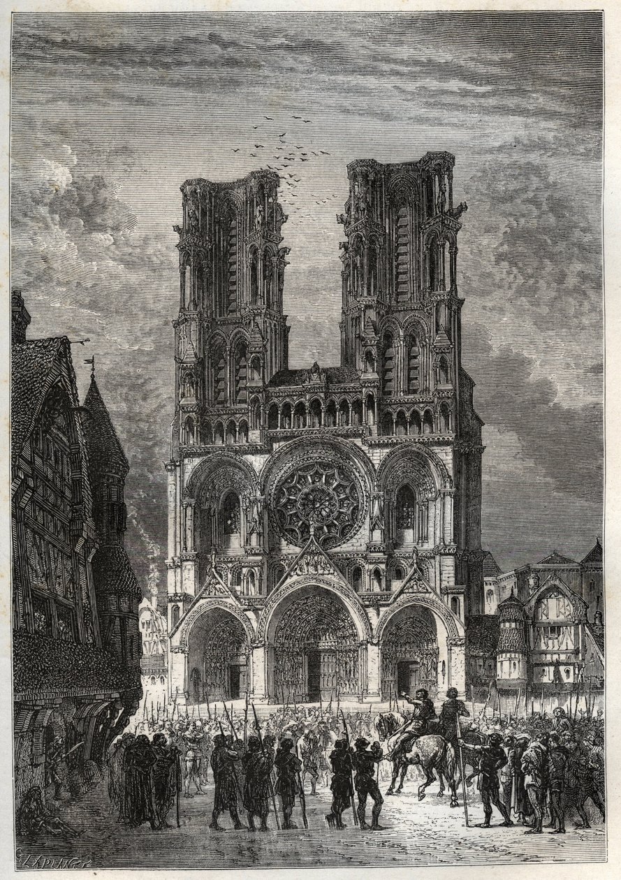 Kathedraal Notre-Dame van Laon (1150-1180), Aisne - Laon Kathedraal - gravure uit 