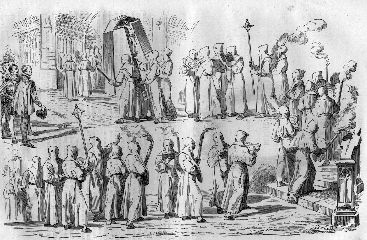 Katholiek vermaak en bijgeloof. Processie van Boetelingen tijdens de aanval op Rome door Keizer Otto I de Grote (912-973). Gravure in 