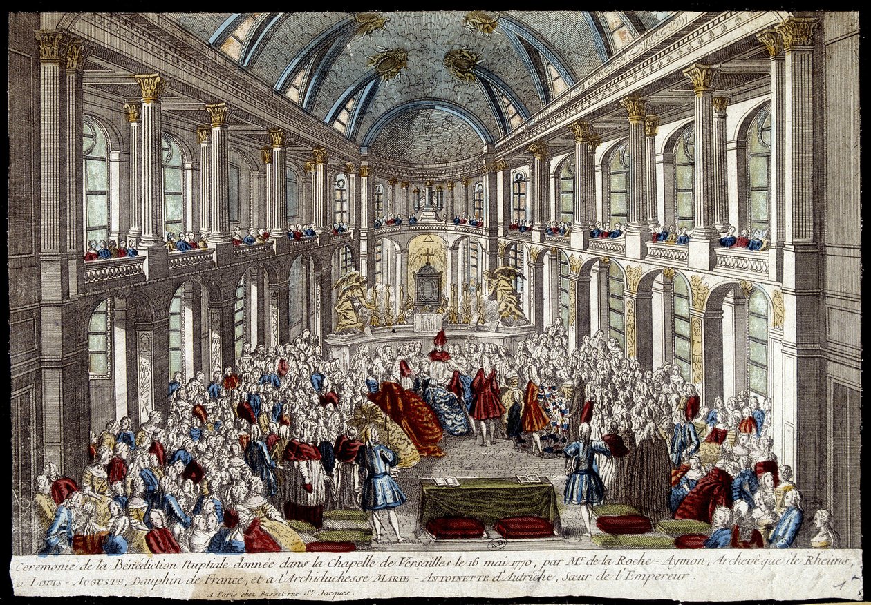 Ceremonie van de huwelijkszegen gegeven in de kapel van Versailles op 16 mei 1770 door Louis Auguste, dauphin van Frankrijk (Lodewijk XVI), en Marie Antoinette van Oostenrijk - gravure door French School