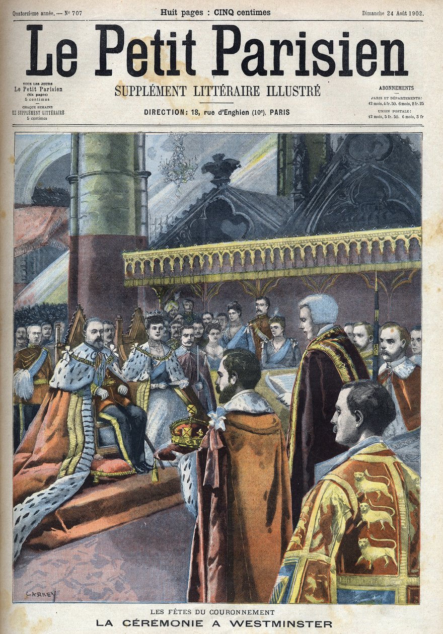 Ceremonie van de kroning in Westminster: koning Edward VII (1841-1910) en Alexandra van Denemarken (1844-1925), in "Le Petit Parisien" door French School
