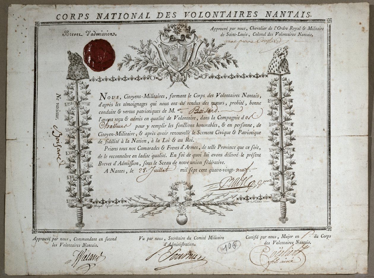 Toelatingscertificaat tot de Nationale Garde van Vrijwilligers van Nantes, 1789 door French School