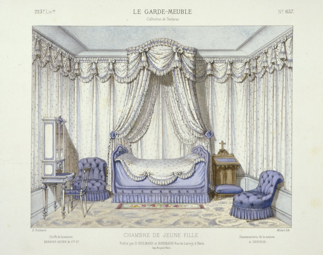 Chambre de Jeune Fille, uit Le Garde-Meuble, Pub. Parijs, ca. 1890 (kleurenlitho) door French School