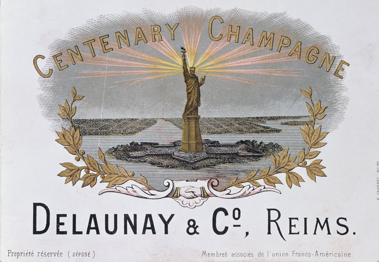 Champagne-etiket van het huis Delaunay & Co. ter viering van het eeuwfeest van de Amerikaanse Onafhankelijkheid en met het Vrijheidsbeeld, c.1876 door French School