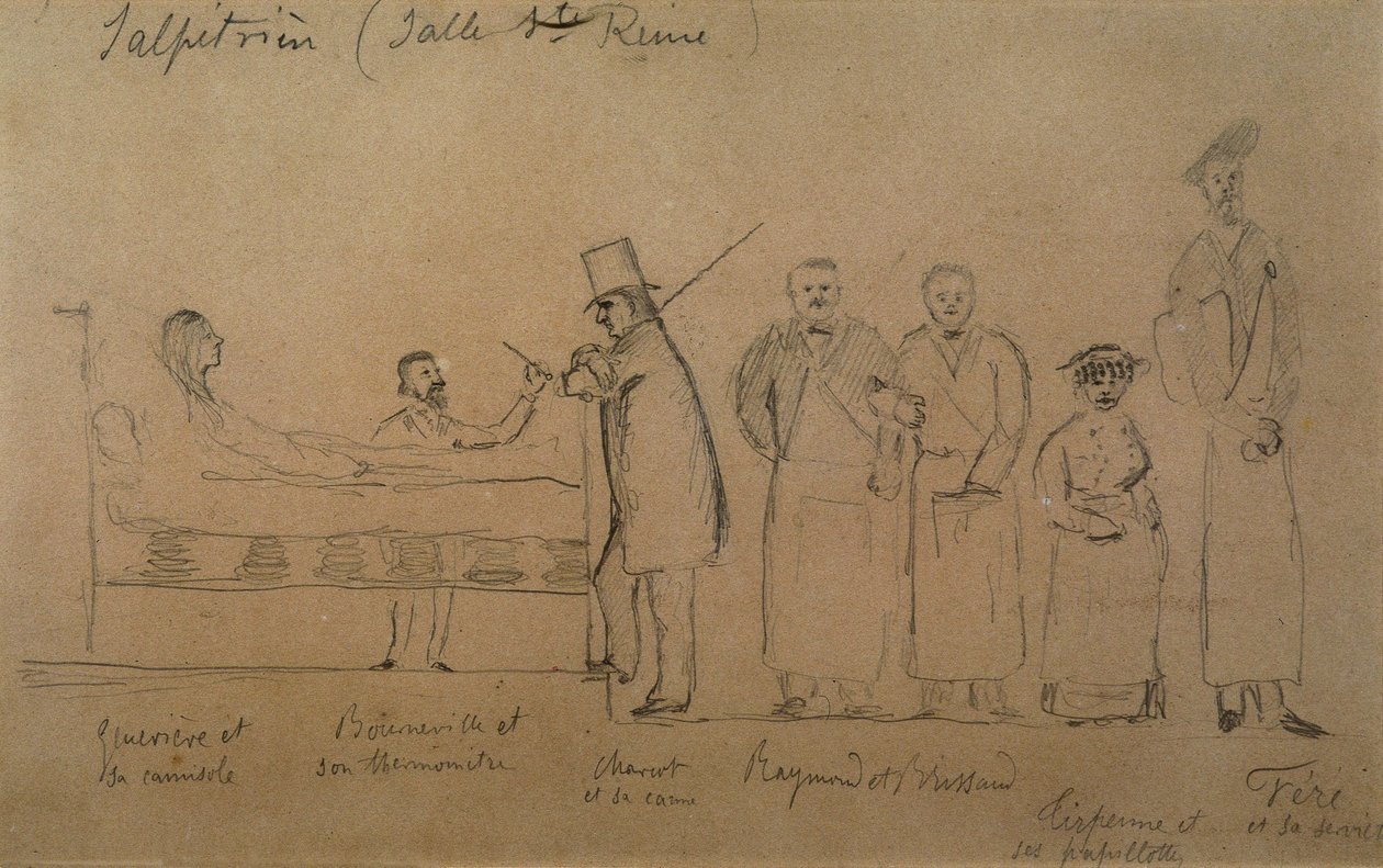 Charcot ontworpen door een van zijn studenten. Van links naar rechts: patiënt Genevieve in een dwangbuis, dokter Desire Magloire Bourneville met een thermometer, Jean Martin Charcot, Raymond en Brissaud, Me Tirperme en Charles Fere. Heilige Koningin Kamer, door French School