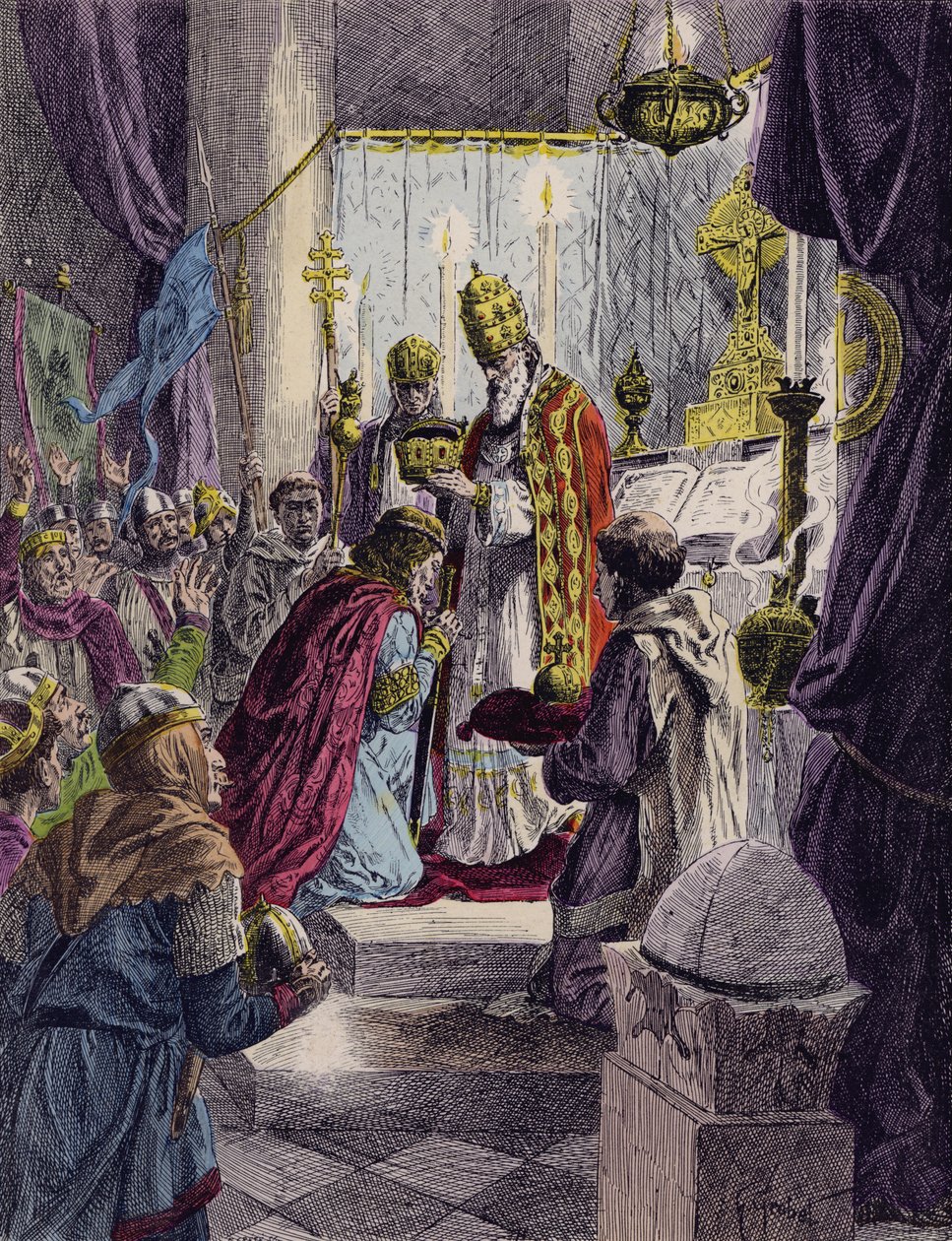 Karel de Grote gekroond tot Heilig Rooms keizer door paus Leo III, Rome, 800 (kleurenlitho) door French School