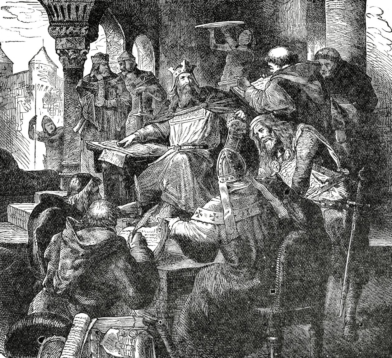 Karel de Grote met leerlingen en leraren van zijn Paleisschool in Aken, c.1890 door French School