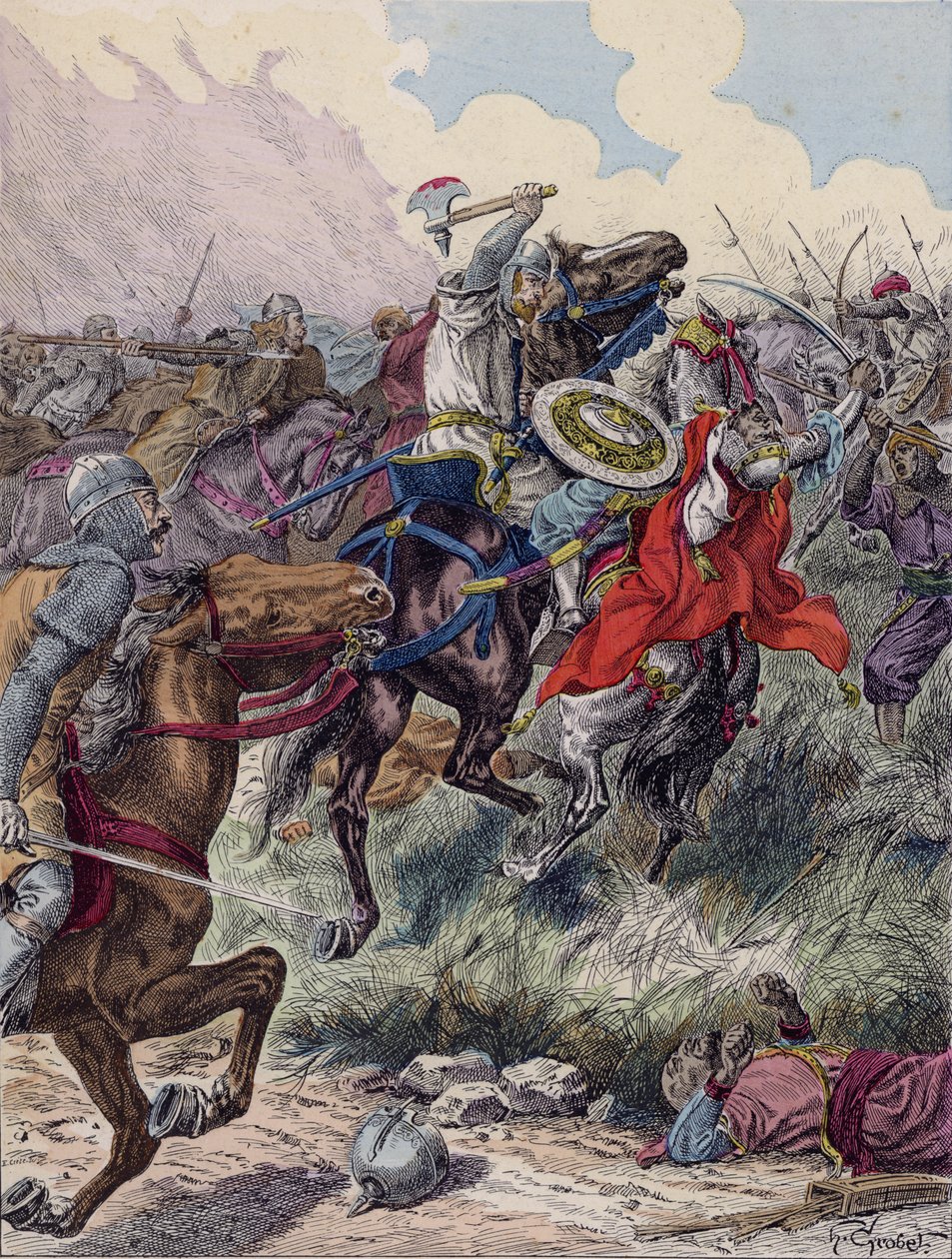 Karel Martel bij de Slag van Poitiers, 732 (kleurenlitho) door French School