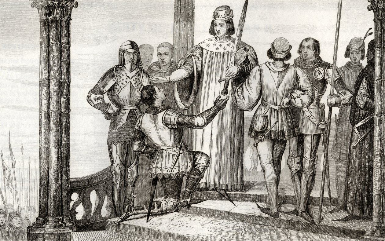 Karel V (1358-80) de Wijze overhandigt zijn zwaard aan Duguesdin, uit 