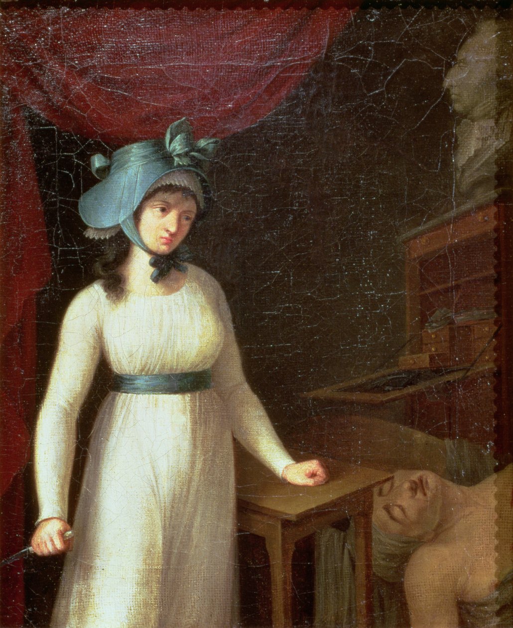 Charlotte Corday (1768-93) en de moord op Jean Paul Marat (1743-93) in zijn bad door French School