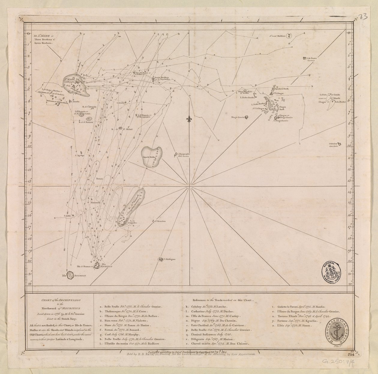 Kaart van de archipel ten noorden van Mauritius, opgesteld in 1776 door M le Victe Grenier luitenant in de Franse marine door French School
