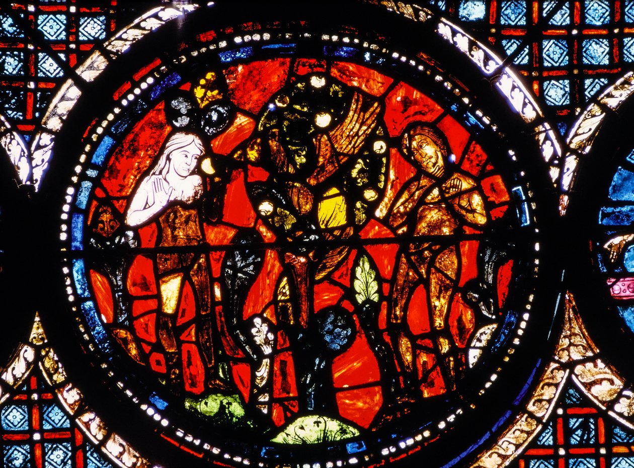 Kathedraal van Chartres, Gebrandschilderd glasraam met afbeelding van de barmhartige Samaritaan (gebrandschilderd glas) door French School