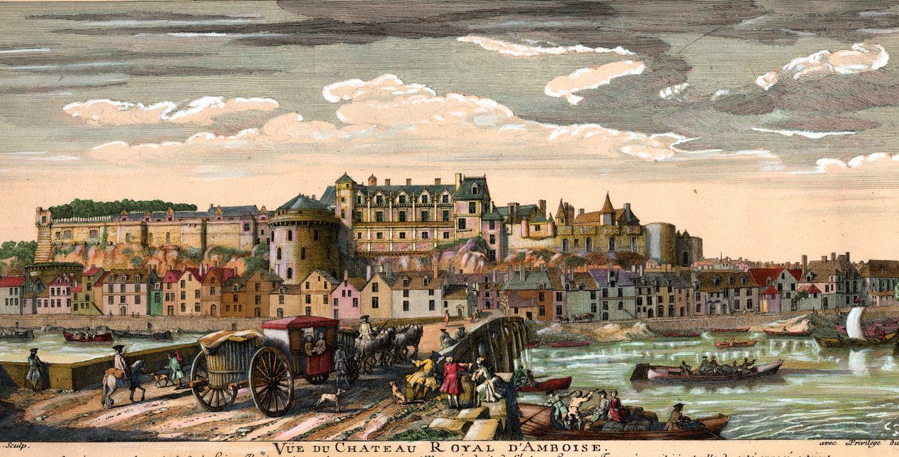 Kastelen van de Loire: uitzicht op het kasteel van Amboise in Indre en Loire in de 18e eeuw. Tijdperk gravure. Privécollectie door French School