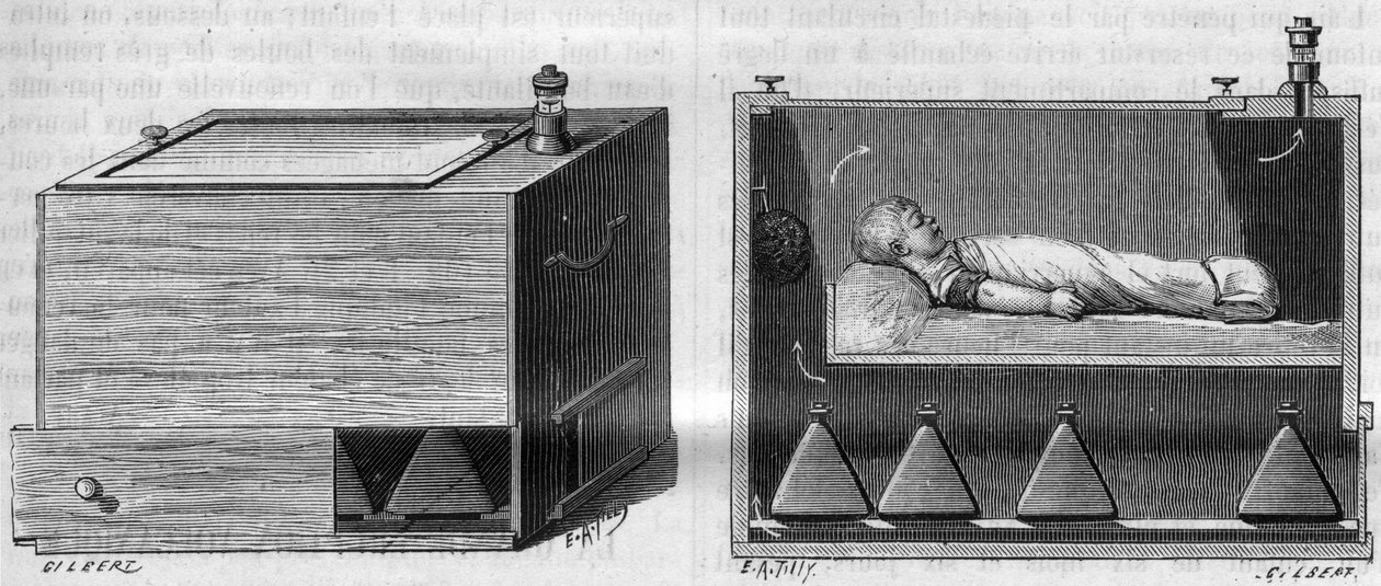 Kinderincubator door Dr. Alfred Auvard (1855-1940), volgens het apparaat gebruikt in de kraamafdeling, links buitenaanzicht, rechts binnenaanzicht. in 