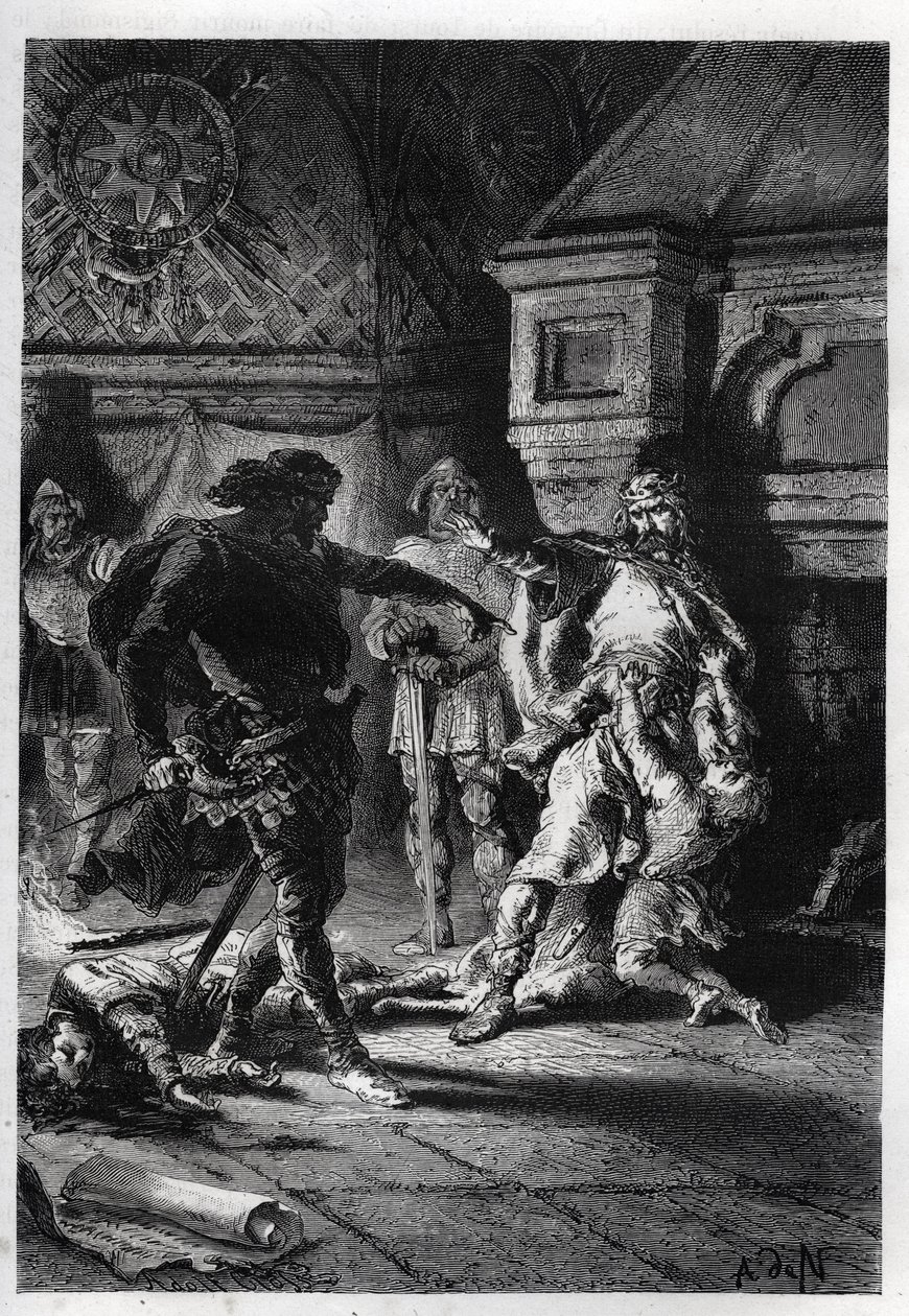 Childebert I (ca. 498-558) bij de moord op de erfgenamen van zijn broers in 526 - Childebert I laat Clotaire de kinderen van hun broer Clodomir, koning van Orléans, vermoorden, wiens staten ze delen, 526 - gravure uit 