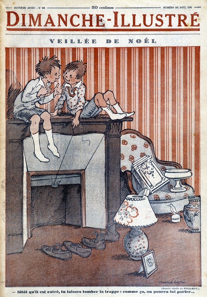 Kinderen zittend op de schoorsteen, een val opzetten voor de Kerstman, voor de kerstkrant 1930 