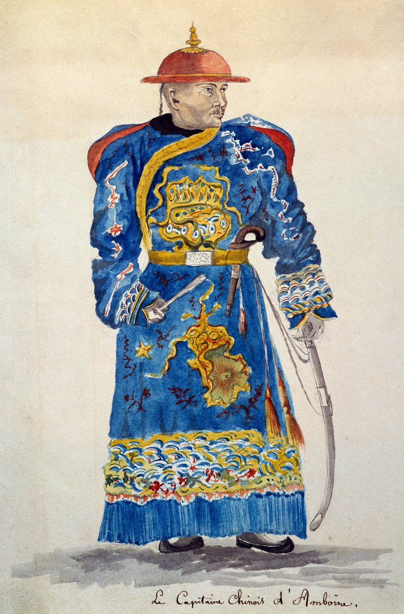 Chinese kapitein van Ambon, Molukken, aquarel door Jules-Louis Lejeune, gebaseerd op Reis rond de wereld door French School