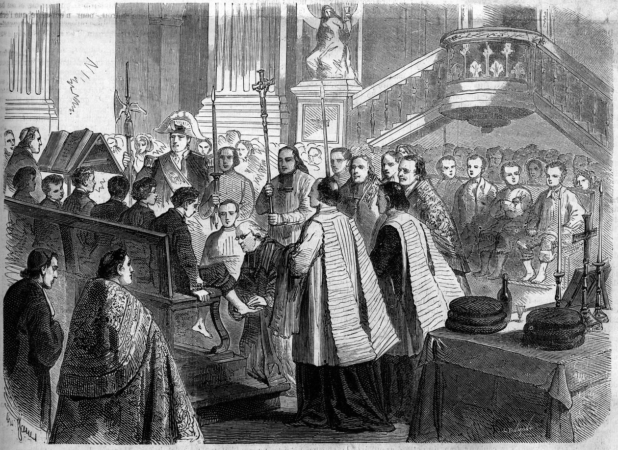 Christelijk ritueel - Witte Donderdag - 1860: de voetwassing in de kerk van Saint Sulpice in Parijs. Gravure in 