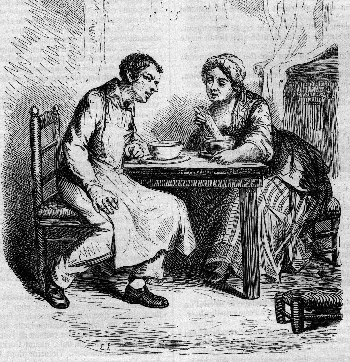 Christophe en de dikke Sylvie: bedienden ontbijten. Gravure midden 19e eeuw. Illustratie voor 