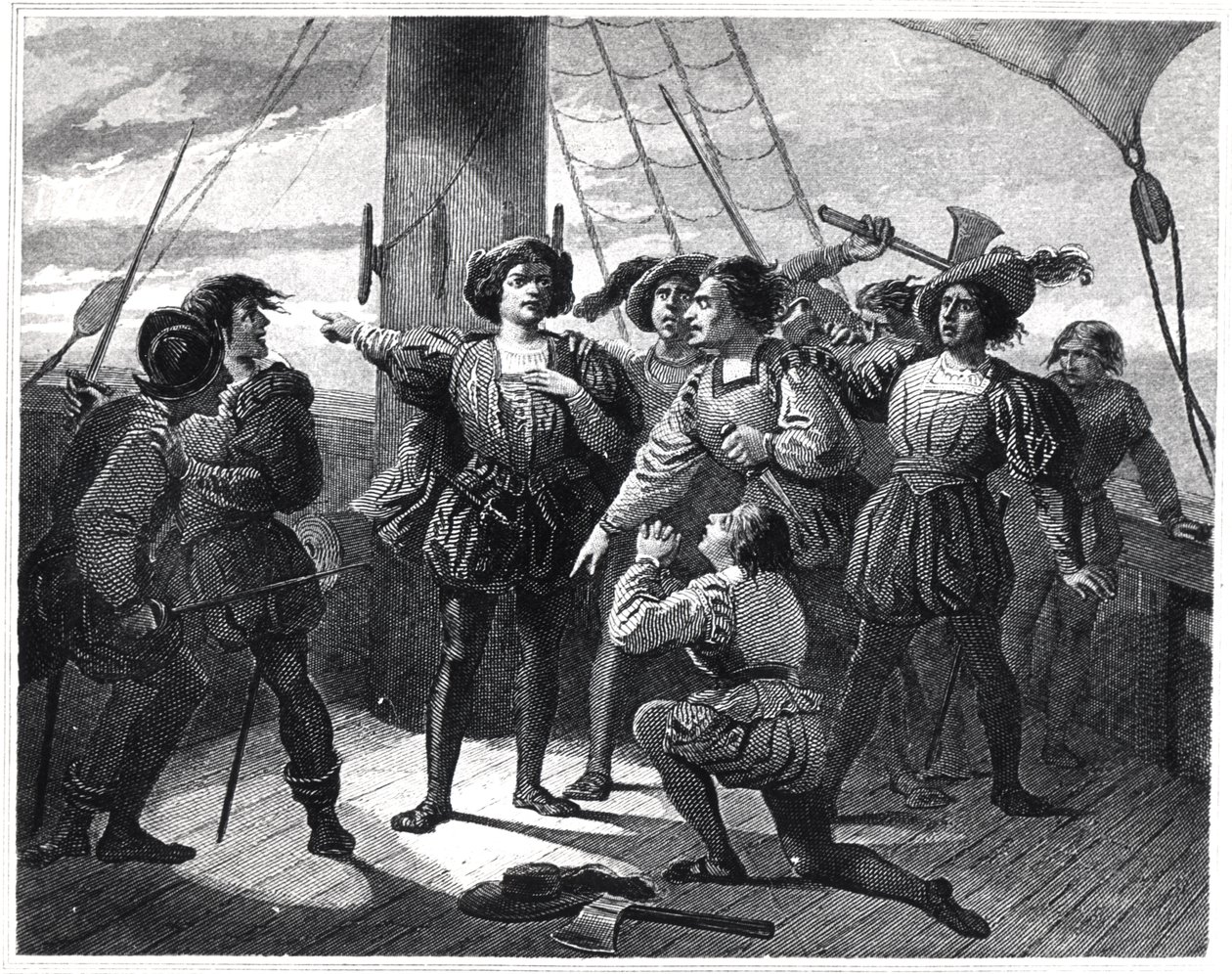 Christoffel Columbus (1450-1506) die zijn bemanning bang maakt door French School