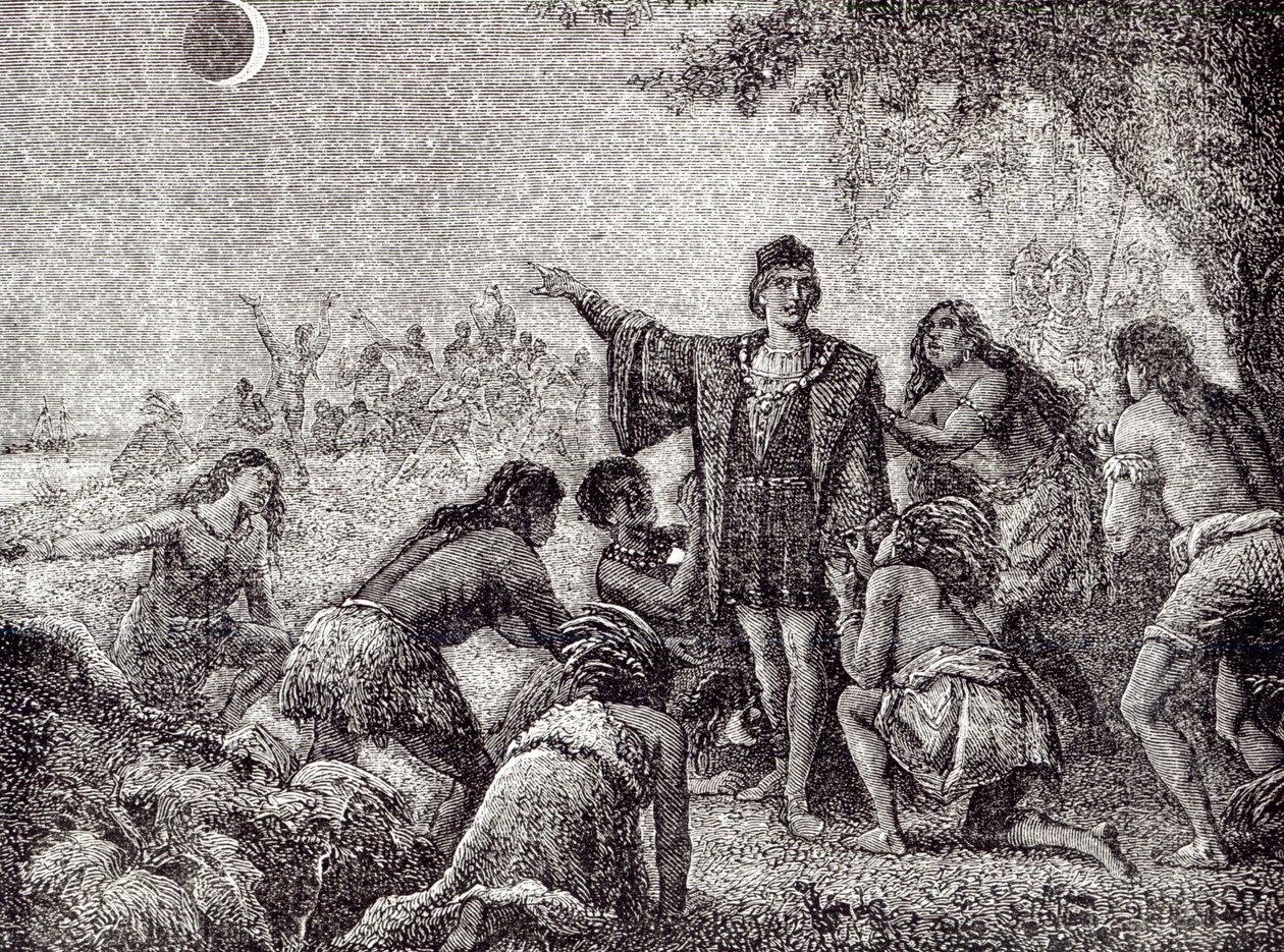 Christoffel Columbus voorspelt de maansverduistering aan de inwoners van Jamaica in 1504 door French School