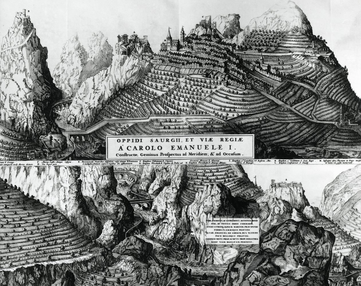 Stad Saorge, Frankrijk, onder Savoyaards bewind, gravure door French School