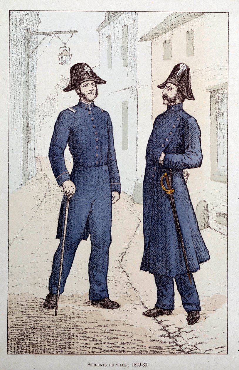 Stadssergeanten. Twee wetshandhavers in gesprek. Lithografie rond 1829-1830 Prefectuur van Politie, Parijs door French School