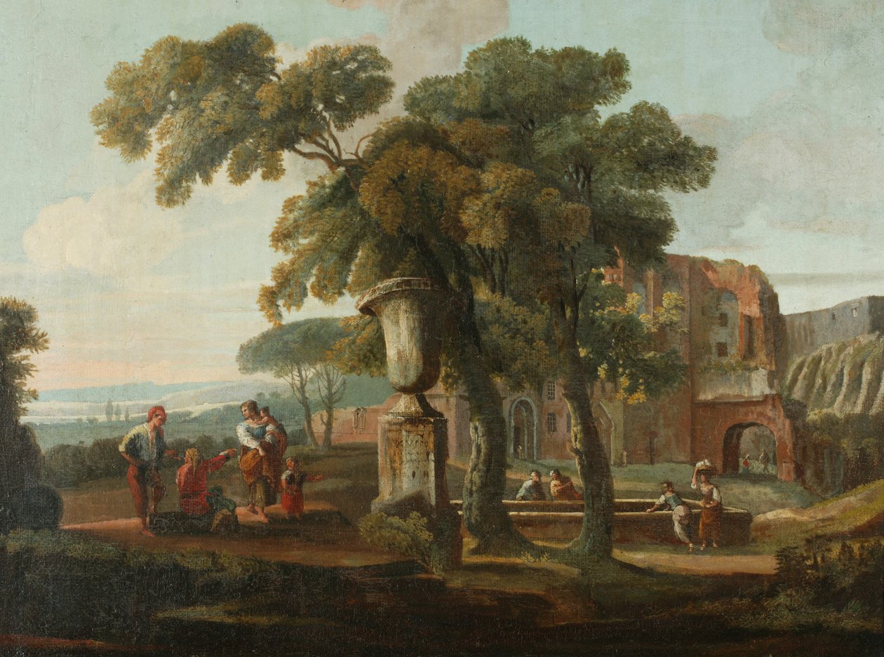 Klassiek landschap met urn, ca. 1700 door French School