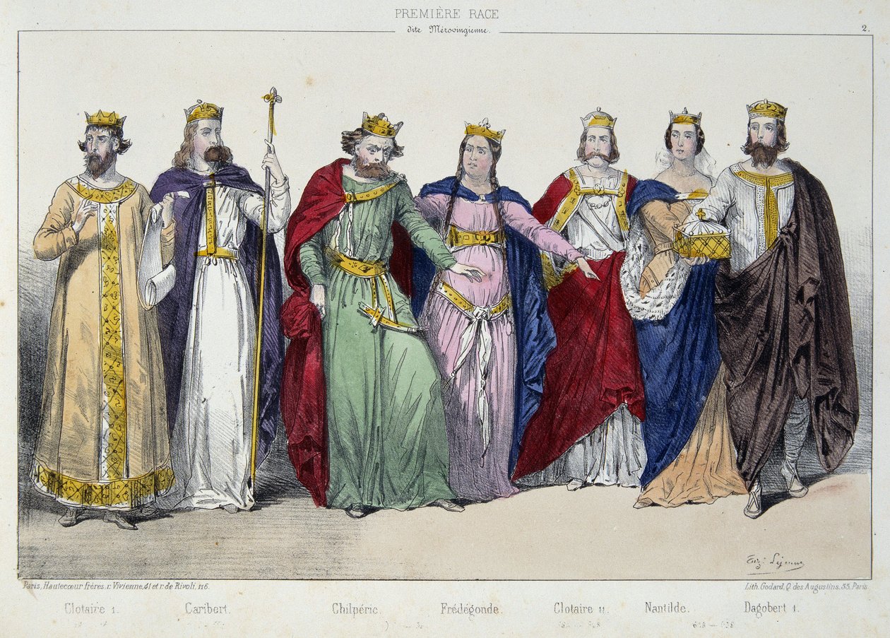 Clotaire I, Caribert, Chilperic, Fredegonde, Clotaire II, Nantilde, Dagobert I - in 