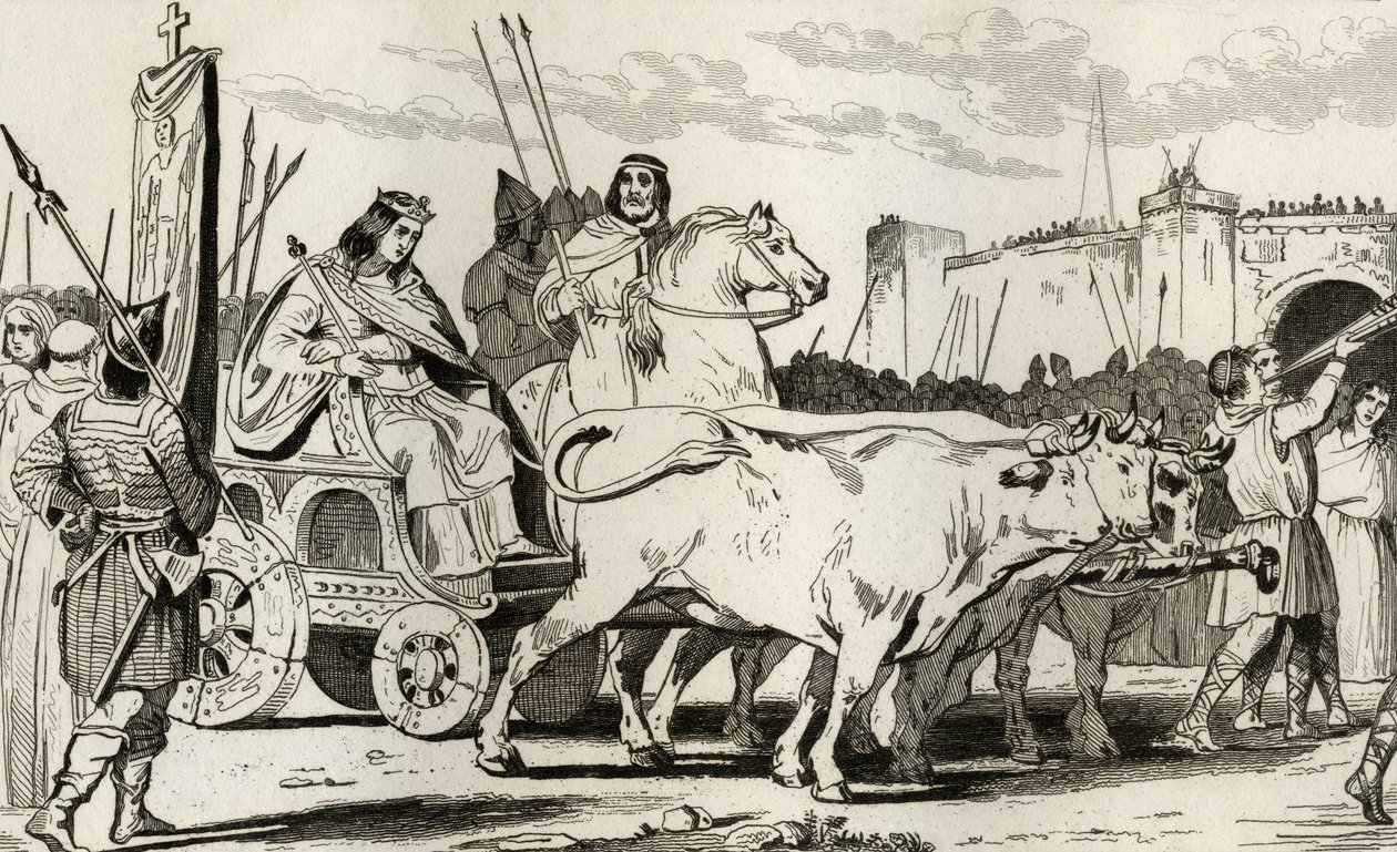 Clovis III (682-95) in een wagen getrokken door ossen, met Pepijn II van Herstal (ca.714) naast hem, uit 