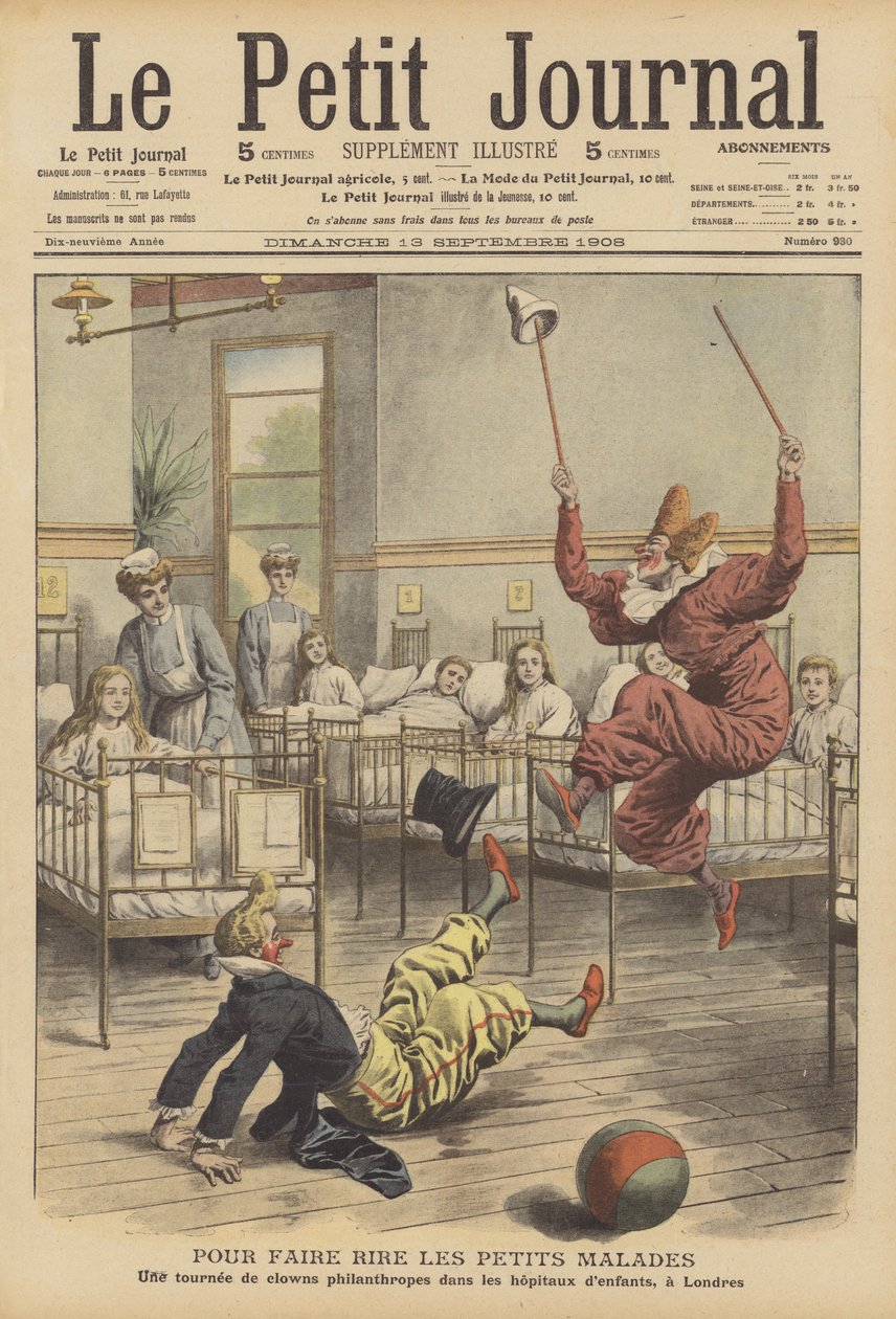 Clowns vermaken zieke kinderen in een ziekenhuis in Londen (kleurenlitho) door French School