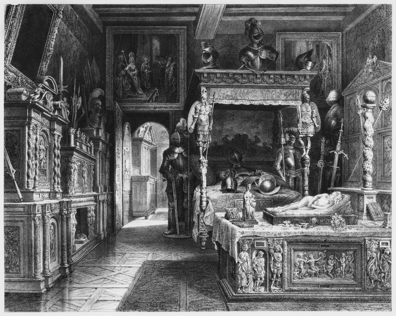 Cluny Hotel en Museum, kamer van François I, Parijs, illustratie uit Atlas, Les Arts du Moyen Age... door Alexandre du Sommerard (1779-1842) 1840 door French School