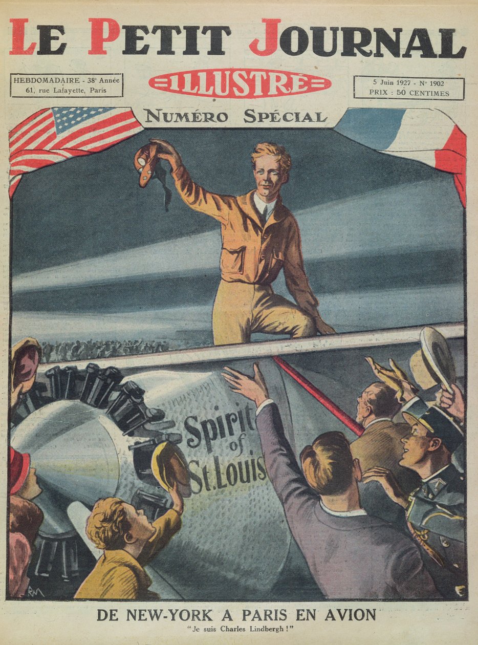 Kolonel Charles Lindbergh bij zijn aankomst op Le Bourget Airport na de eerste trans-Atlantische vlucht van New York naar Parijs op 21 mei 1927, omslag van Le Petit Journal, 5 juni 1927 door French School