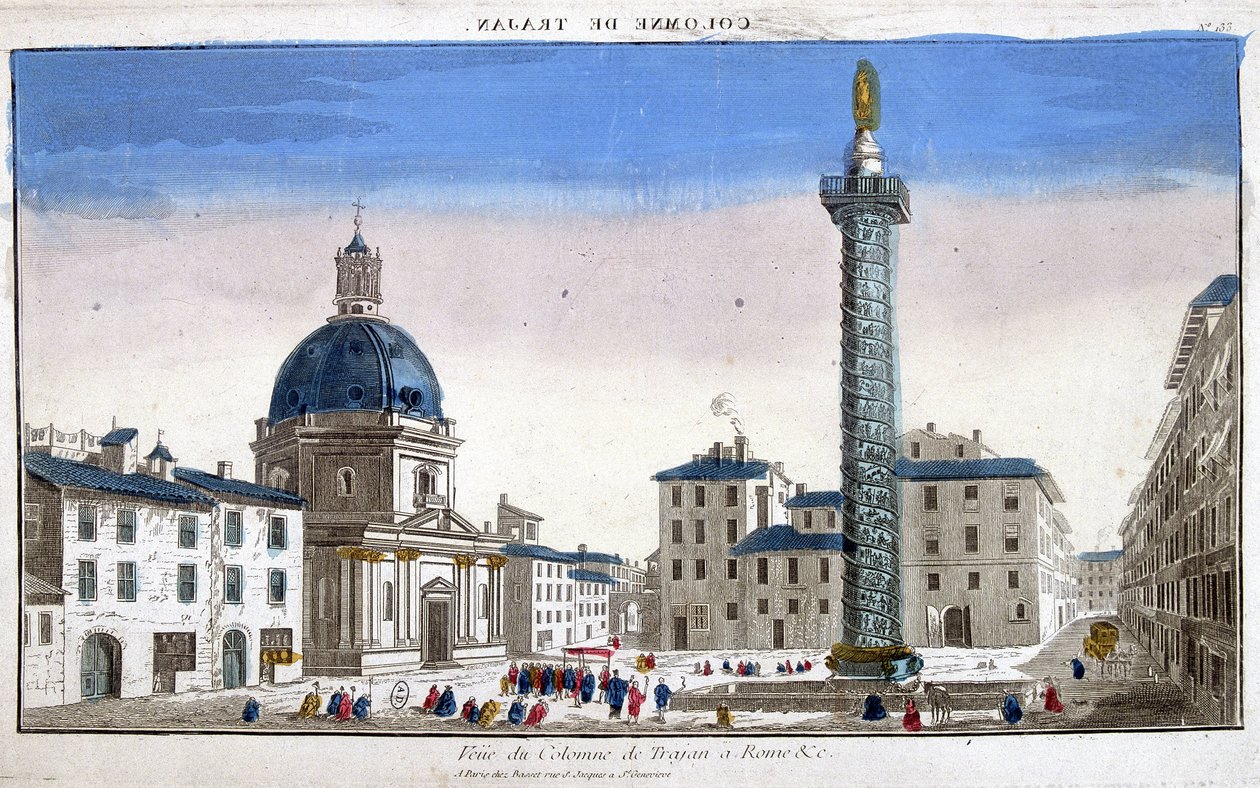 Zicht op de Zuil van Trajanus (Trajane zuil) (Colonna Traiana) in Rome - gravure door French School