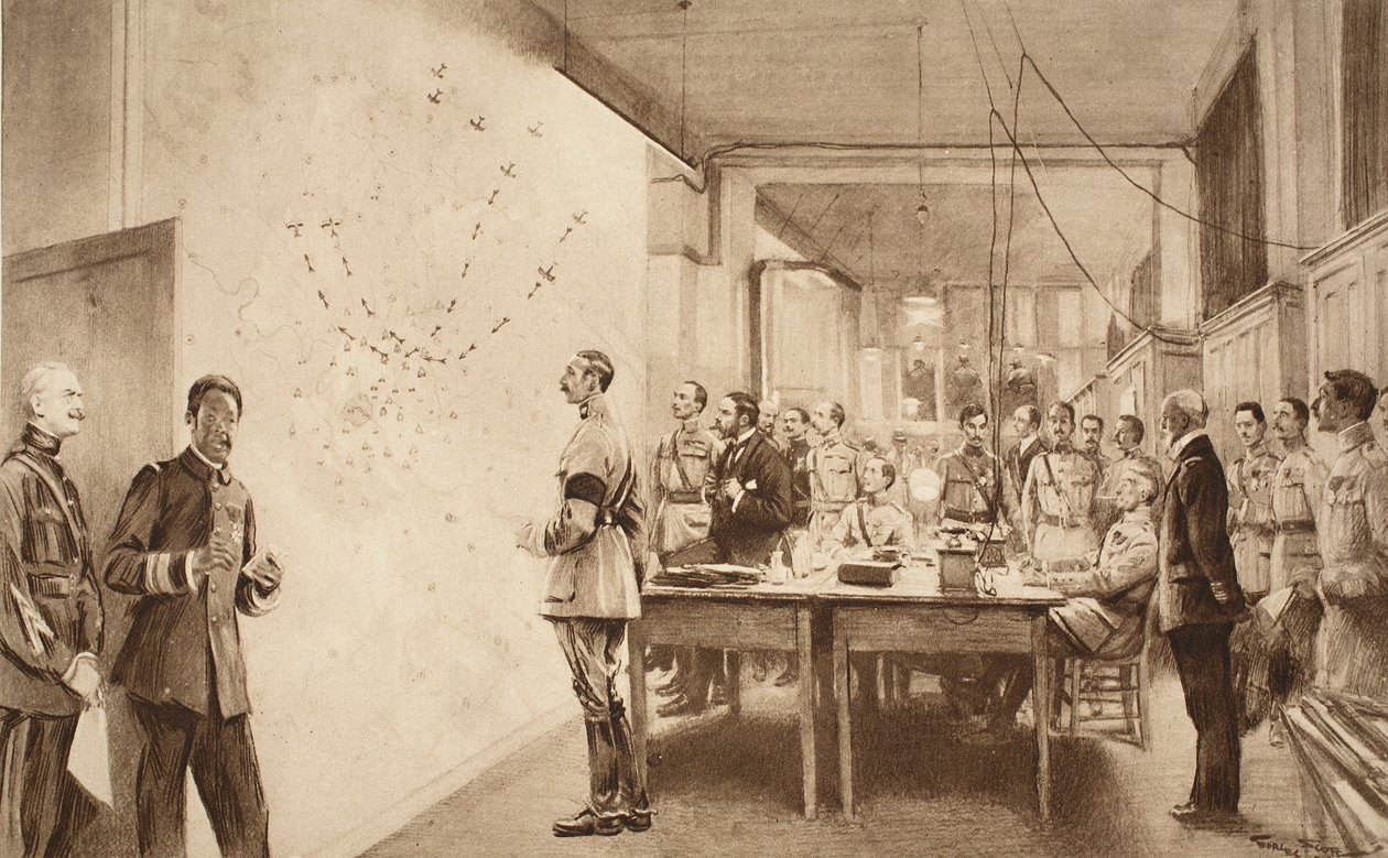 Commandant en staf van het Franse luchtvaartdepartement markeren de voortgang van een Gotha-aanval op Parijs, 1914-19 door French School