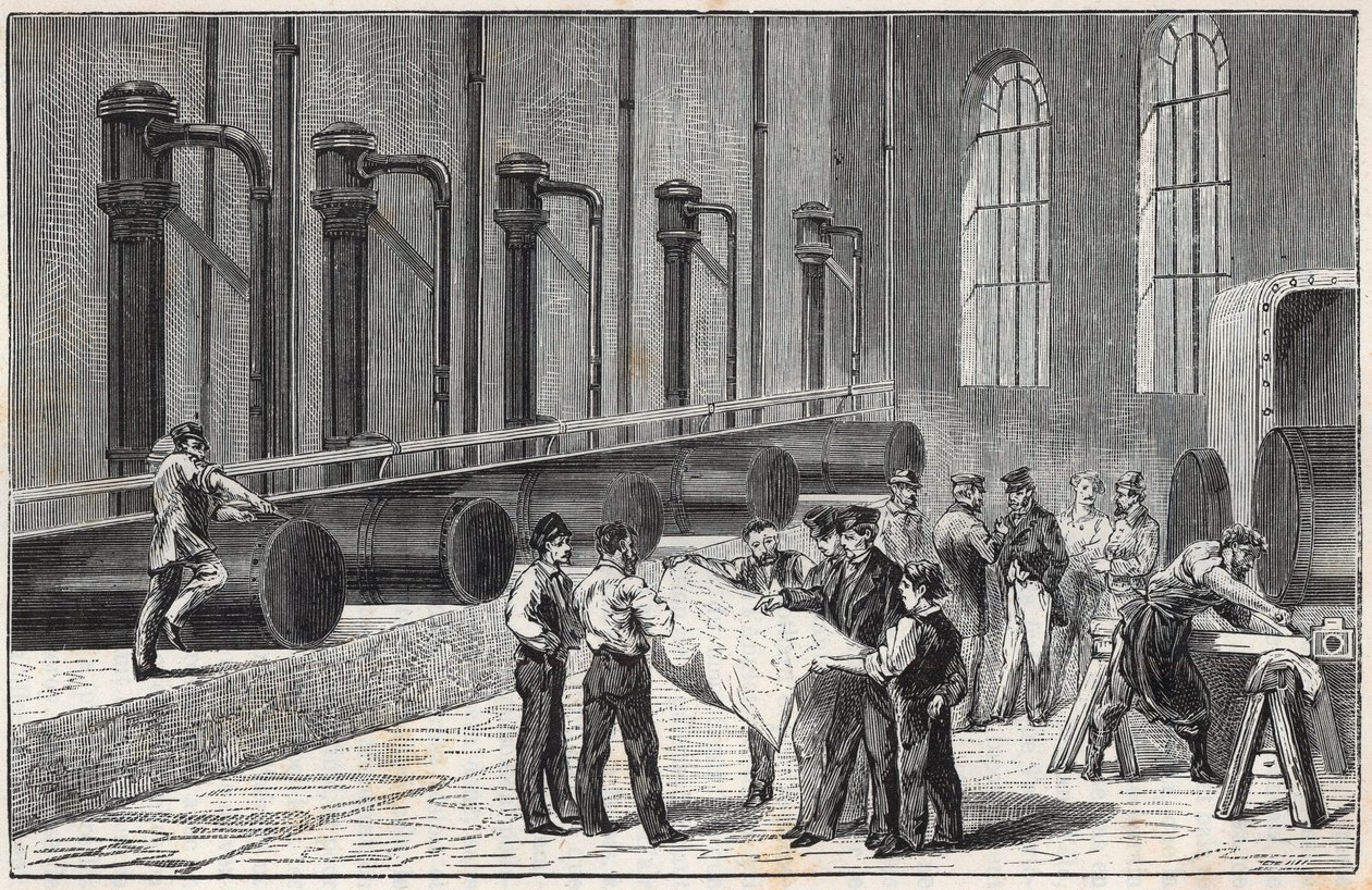 Compressorapparaat met perslucht voor het boren van de Mont Cenis-tunnel zoals voorgesteld door Jean Daniel Colladon - Gravure in 